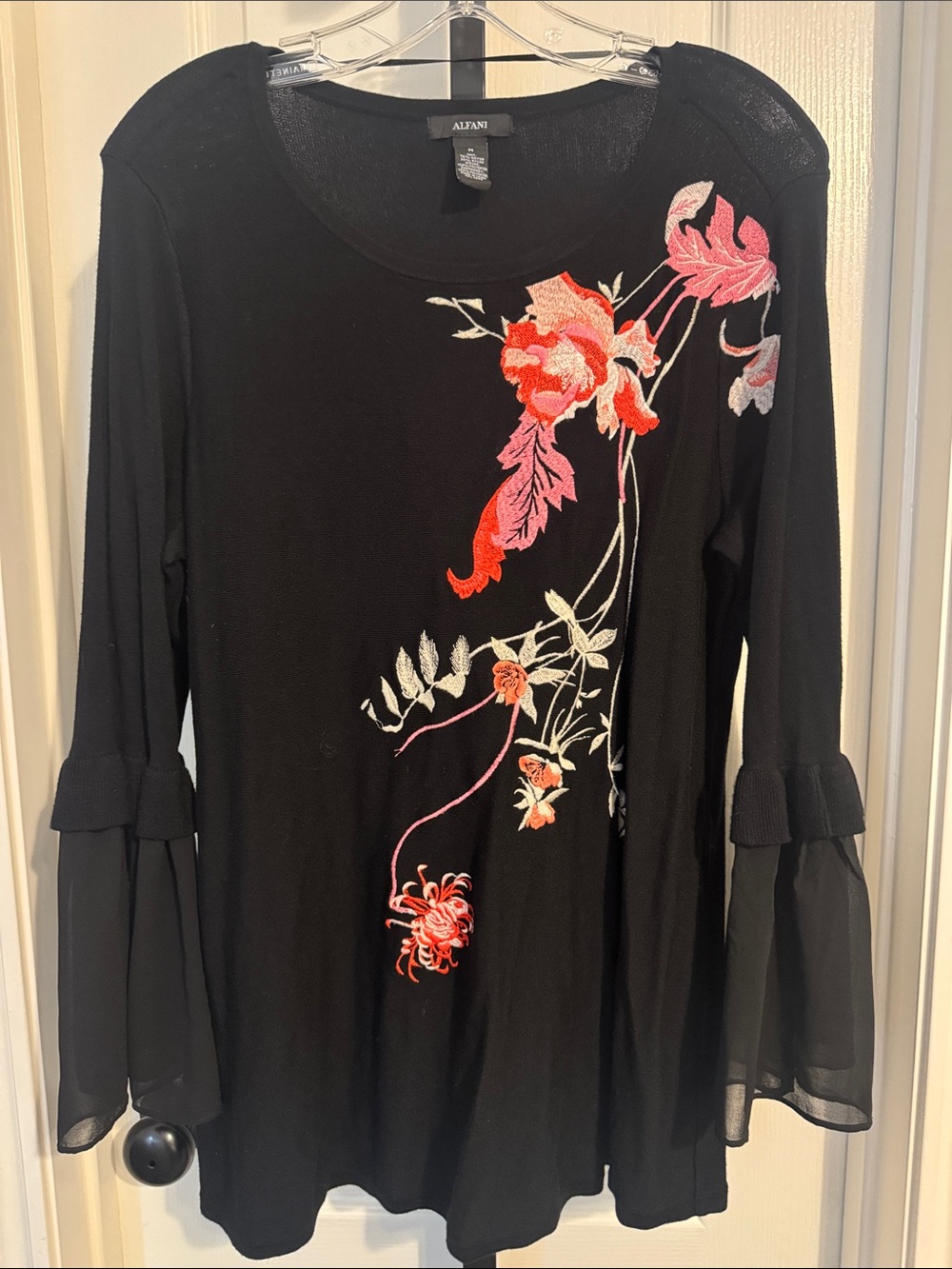 Alfani Black Long-Sleeve Top with Pink & Orange Floral Embroidery 0089